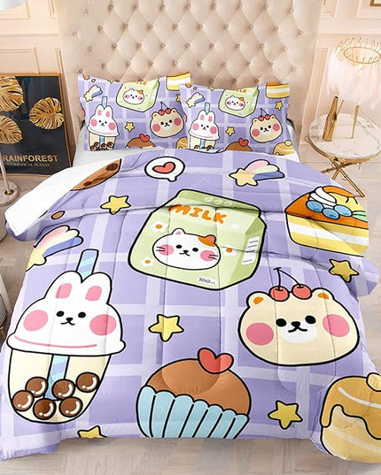 Kawaii Bear Comforter Set for Kids Teens Girls Women,Purple Bear Kids Comforter,1 Comforter with 2 Pillowcase, Microfiber 3 Piece Bedding Set,for All Seasons(Purple，Full Size) - LeafyLoom