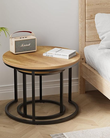 Nesting Coffee Table Set of 2, 23.6" Round Coffee Table Brown Wood with Adjustable Non-Slip Feet, Industrial End Table Side Tables for Living Room Bedroom Balcony Yard - LeafyLoom