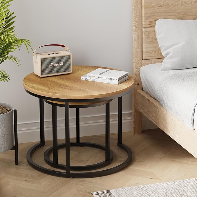 Nesting Coffee Table Set of 2, 23.6" Round Coffee Table Brown Wood with Adjustable Non-Slip Feet, Industrial End Table Side Tables for Living Room Bedroom Balcony Yard - LeafyLoom