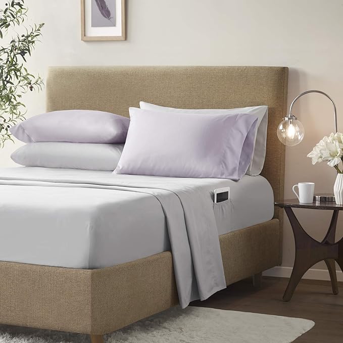 Comfort Spaces Bed in A Bag - Trendy Casual Design Cozy Comforter with Complete Sheet Set with Side Pocket, All Season Cover, Matching Shams King(104"x90"), Kate, Grey/Purple 9 Piece - LeafyLoom