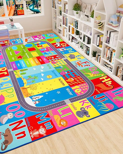 HOMORE Kids Educational Rug, 6x9 Kids Collection Area Rug for Learning Alphabet, Numbers, Colors, Season and Animal Words, Playmat for Classroom Playroom - LeafyLoom