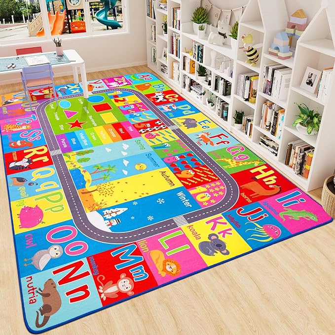 HOMORE Kids Educational Rug, 6x9 Kids Collection Area Rug for Learning Alphabet, Numbers, Colors, Season and Animal Words, Playmat for Classroom Playroom - LeafyLoom