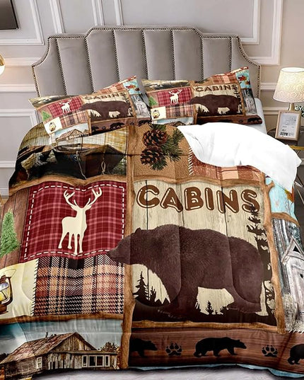 LUVIVIHOME 3PCS Deer Bear Cabin Comforter Set, Full Size Comforter, Elk Moose Forest Animal Wildlife Hunting Hunter Buffalo Plaid Patchwork Quilt Country Lodge Rustic Farmhouse Bedding, 2 Pillow Shams - LeafyLoom