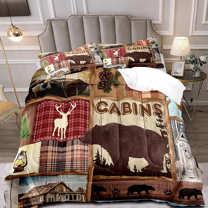 LUVIVIHOME 3PCS Rustic Cabin Comforter Set Queen, Lodge Bedding, Elk Moose Deer Bear Forest Woodland Animals Wildlife Hunting Country Farmhouse Red Buffalo Plaid Patchwork Quilt, 2 Pillow Shams - LeafyLoom