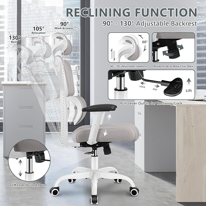 Office Chair Ergonomic Desk Chair, High Back Gaming Chair, Big and Tall Reclining chair Comfy Home Office Desk Chair Lumbar Support Breathable Mesh Computer Chair Adjustable Armrests (Gray) - LeafyLoom