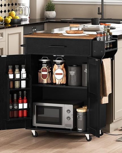 HOOBRO Kitchen Island with Power Outlet, Kitchen Storage Island with Large Worktop, Spice Rack and Drawer, Rolling Kitchen Cart on Wheels, for Kitchen and Dining Room, Rustic Brown and Black BF88UZD01 - LeafyLoom