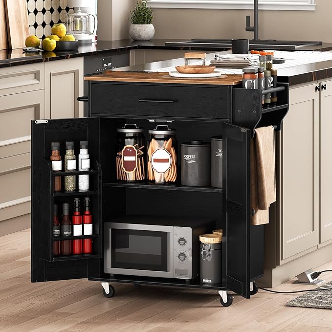 HOOBRO Kitchen Island with Power Outlet, Kitchen Storage Island with Large Worktop, Spice Rack and Drawer, Rolling Kitchen Cart on Wheels, for Kitchen and Dining Room, Rustic Brown and Black BF88UZD01 - LeafyLoom