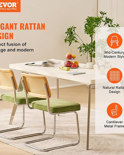 VEVOR Rattan Dining Chairs Set of 2, Mid Century Modern Dining Chair, Upholstered Velvet Accent Chair with Rattan Back, Retro Dining Room Kitchen Chair for Living Room, Bedroom, Office (18.1 Inch) - LeafyLoom