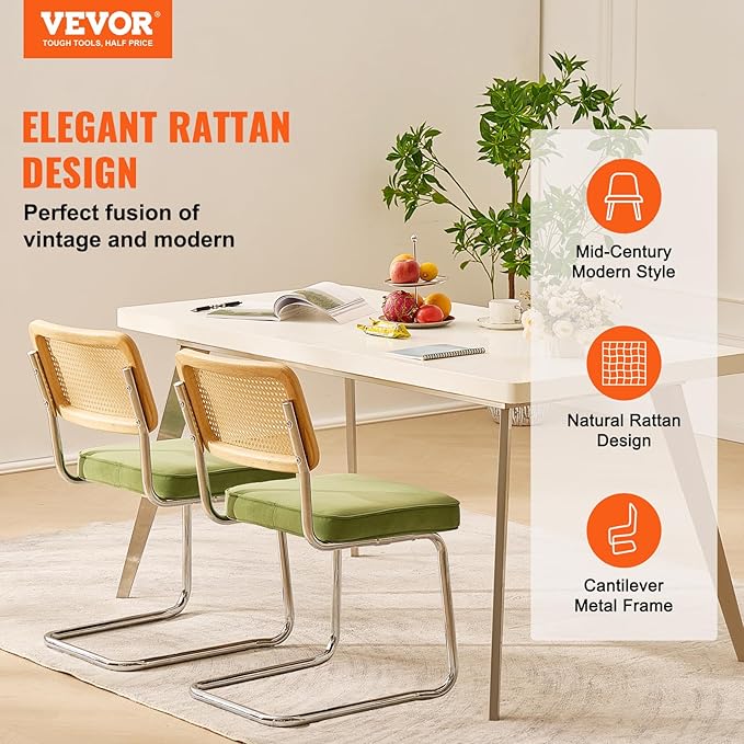 VEVOR Rattan Dining Chairs Set of 2, Mid Century Modern Dining Chair, Upholstered Velvet Accent Chair with Rattan Back, Retro Dining Room Kitchen Chair for Living Room, Bedroom, Office (18.1 Inch) - LeafyLoom