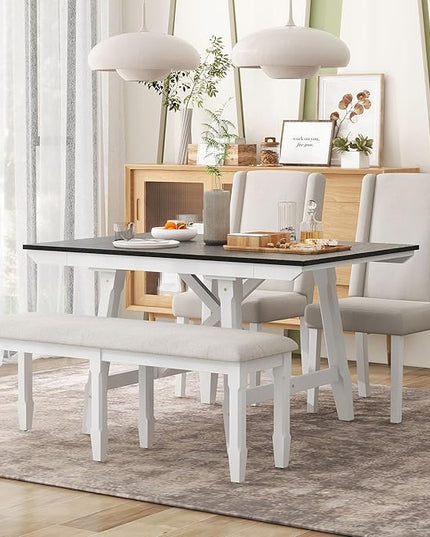 RITSU SONGG Farmhouse 6-Piece Dining Set, Included Solid Wood Rectangular Extendable Table with Two 12" W Removable Leaves and 4 Upholstered Chairs & a Bench, Home Kitchen Furniture, White+Black - LeafyLoom