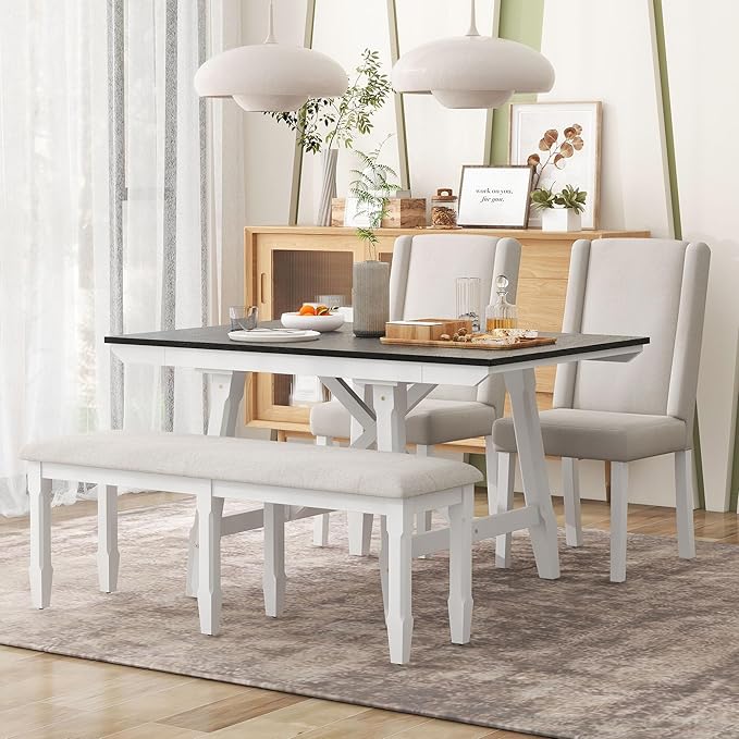 RITSU SONGG Farmhouse 6-Piece Dining Set, Included Solid Wood Rectangular Extendable Table with Two 12" W Removable Leaves and 4 Upholstered Chairs & a Bench, Home Kitchen Furniture, White+Black - LeafyLoom