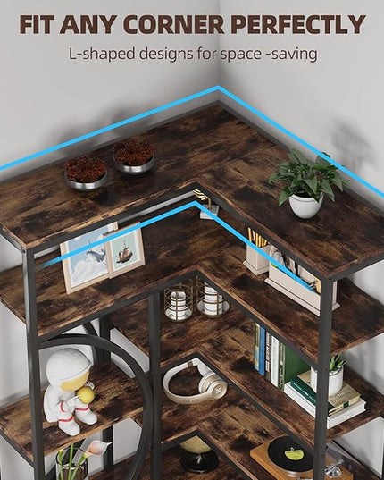TIYASE 6-Shelf Corner Bookshelf Industrial 6-Tier Corner Etagere Bookcase, Large Corner Shelf L-Shaped Book Shelves Display Storage Rack with Metal Frame for Living Room Home Office, Rustic Brown - LeafyLoom