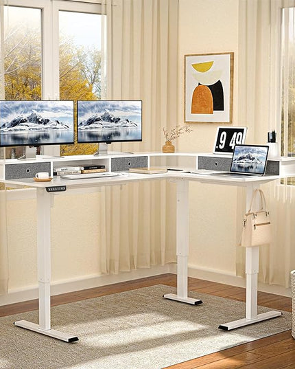L Shape Standing Desk, 67 * 48 Inches Adjustable Height Standing Desk with 4 Drawers, Corner Electric Standing Desk with Monitor Stand for Home Office, Snow White - LeafyLoom