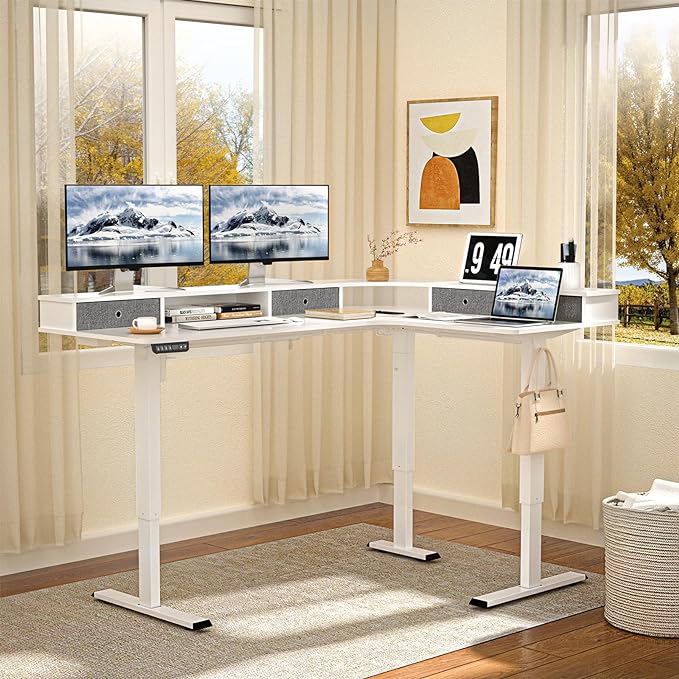 L Shape Standing Desk, 67 * 48 Inches Adjustable Height Standing Desk with 4 Drawers, Corner Electric Standing Desk with Monitor Stand for Home Office, Snow White - LeafyLoom