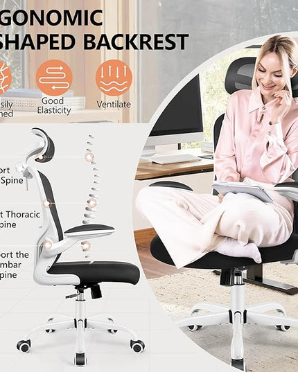 FelixKing Office Chair with Headrest, Ergonomic Desk Chair with Wheels, Task Swivel Comfy Chair with Adjustable Lumbar Support, Breathable Mesh Computer Chair with flip-up Armrests (White) - LeafyLoom