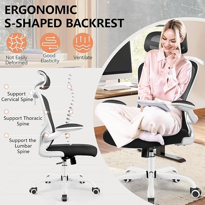 FelixKing Office Chair with Headrest, Ergonomic Desk Chair with Wheels, Task Swivel Comfy Chair with Adjustable Lumbar Support, Breathable Mesh Computer Chair with flip-up Armrests (White) - LeafyLoom