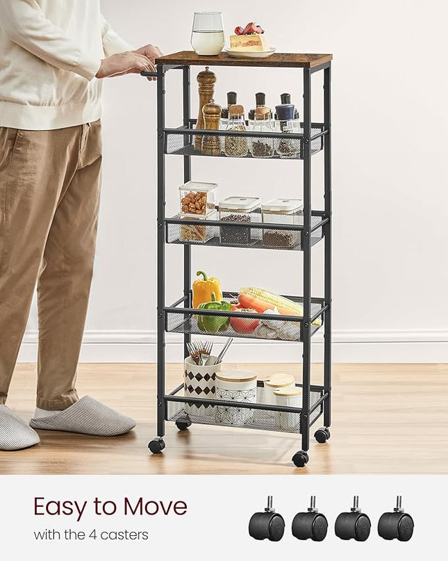 VASAGLE Slim Rolling Cart, 5-Tier Storage Cart, Narrow Cart with Handle, 8.7 Inches Deep, Metal Frame, for Kitchen, Dining Room, Living Room, Home Office, Rustic Brown and Black ULRC035B01 - LeafyLoom