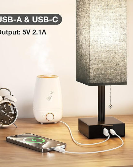 Black Small Table Lamp for Bedroom - 3 Color Temperature 3000K 5000K 4000K Bedside Lamp, Pull Chain Control, USB A and C Charging Ports, Black Base, for Kids Office Dorm Nightstand, Bulb Included - LeafyLoom