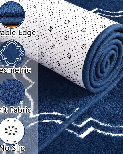 Chicrug Shag Geometric Modern Area Rug for Bedroom, 6x9 Feet Memory Foam Indoor Carpet, Fluffy Rug for Living Room Bedside Room Decor for Family Girls Kids Nursery Play Mat, Navy/White - LeafyLoom