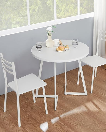 VECELO Small Round Dining Table Set for 2, Wood Tabletop with Strong Metal Frame, Modern Dinette with Chairs for Kitchen, Breakfast Nook Living Room, Solid white - LeafyLoom