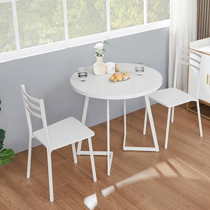 VECELO Small Round Dining Table Set for 2, Wood Tabletop with Strong Metal Frame, Modern Dinette with Chairs for Kitchen, Breakfast Nook Living Room, Solid white - LeafyLoom