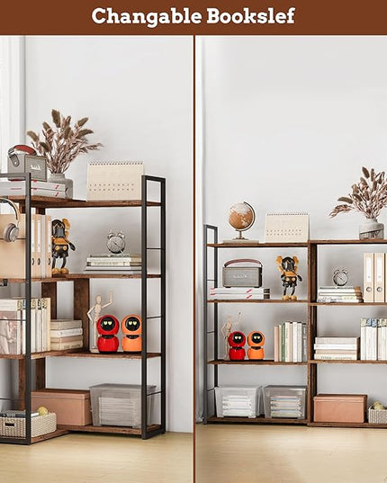 Corner Book Shelf 4 Tier Industrial BookShelf L Shaped Adjustable Bookcase Office Shelves Vintage Wooden Bookshelves for Living Room Bedroom library Rustic Brown - LeafyLoom
