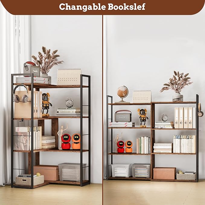 Corner Book Shelf 4 Tier Industrial BookShelf L Shaped Adjustable Bookcase Office Shelves Vintage Wooden Bookshelves for Living Room Bedroom library Rustic Brown - LeafyLoom
