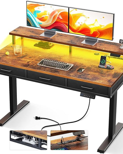 AODK 47 Inch Electric Standing Desk with 3 Drawers, Brown, Height Adjustable Desk with Power Outlets & LED Lights, Stand Up Desk with Monitor Shelf, Sit Stand Desk Computer Workstation - LeafyLoom