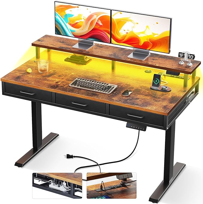 AODK 47 Inch Electric Standing Desk with 3 Drawers, Brown, Height Adjustable Desk with Power Outlets & LED Lights, Stand Up Desk with Monitor Shelf, Sit Stand Desk Computer Workstation - LeafyLoom