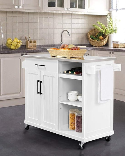 Yaheetech Kitchen Island Cart with Stainless Steel Top, Rolling Storage Cabinet on Wheels with Drawer& Wine Rack & Spice Rack, Sideboard Buffet with Towel Bar, White - LeafyLoom