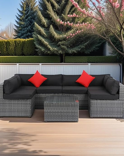 5-Pieces Patio Furniture Set with Coffee Table and 2 Pillows, PE Rattan Outdoor Conversation Sectional Sofa Seating Goup for Balcony Front Porch Backyard Law, Grey Wicker+Black Cushion - LeafyLoom