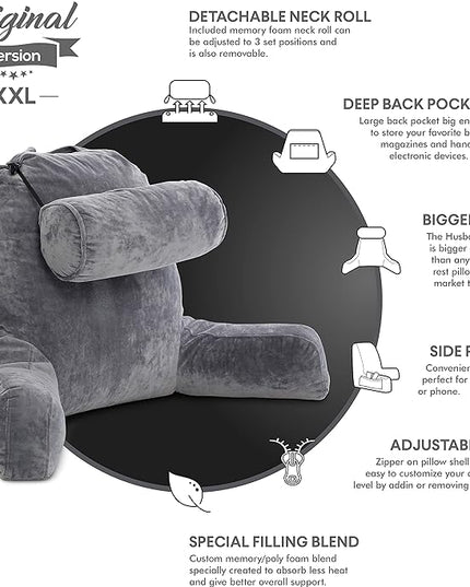 Husband Pillow XXL Dark Grey Backrest with Arms - Adult Reading Pillow Shredded Memory Foam, Ultra-Comfy Removable Microplush Cover & Detachable Neck Roll, Unmatched Support Bed Rest Sit Up Pillow - LeafyLoom