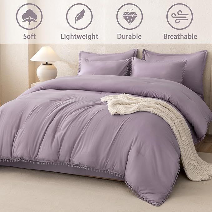Litanika Queen Size Comforter Set Grey Purple,3 Pieces Grey Purple Boho Pom Pom Lightweight Bed Comforter, All Season Solid Color Bedding Comforter Sets (1 Comforter 90x90 Inch, 2 Pillowcases) - LeafyLoom