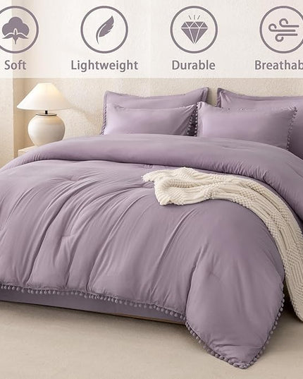 Litanika Comforter Full Size Set Grey Purple,3 Pieces Grey Purple Boho Pom Pom Lightweight Bed Comforter Full,All Season Solid Color Bedding Comforter Sets (1 Comforter 79x90 Inch, 2 Pillowcases) - LeafyLoom