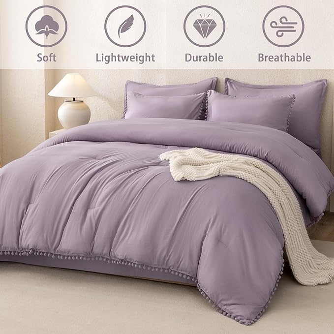 Litanika King Size Comforter Set Grey Purple,3 Pieces Grey Purple Boho Pom Pom Lightweight Bed Comforter, All Season Solid Color Bedding Comforter Sets (1 Comforter 104x90 Inch, 2 Pillowcases) - LeafyLoom