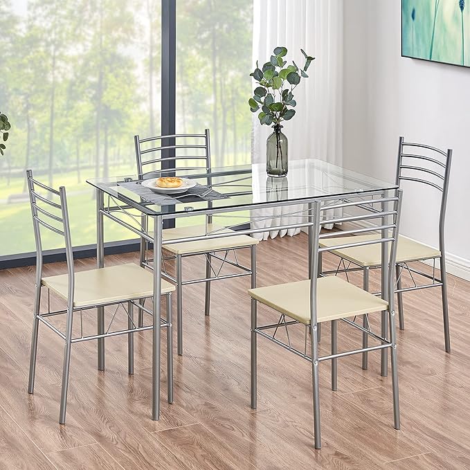 VECELO Dining Table with 4 Chairs [4 Placemats Included-] Silver X-Large - LeafyLoom