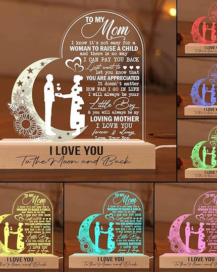 Mom 3D Illusion Lamp w/Wooden Base USB Powered, Mom Acrylic Night Light, to My Mom Gift from Daughter, Bonus Mom Stepmom Gift, Lamp Present for Mom Mother, Gift for Birthday Mothers Day - LeafyLoom
