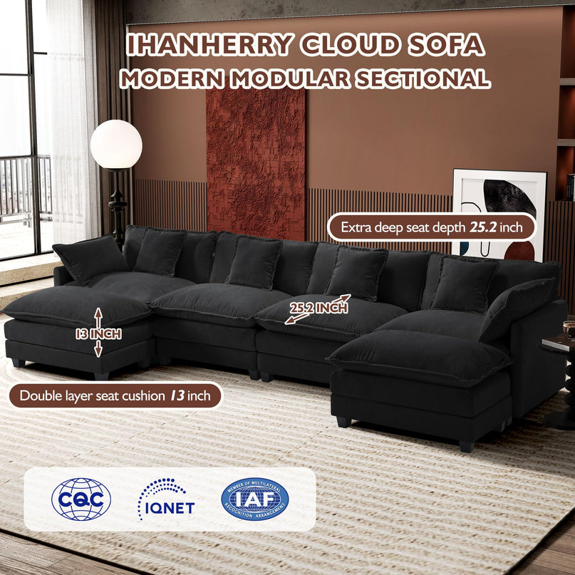 Ihanherry 111.4" L Shaped Modern Sofa Modular Sectional Cloud Couch with Ottoman, 4-Seat Chenille Deep Seat Sofa with Pillow for Living Room, Bedroom and Apartment, Beige LeafyLoom