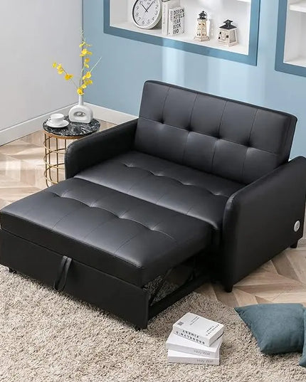 3 in 1 Convertible Sleeper Loveseat Sofa with Pull Out Bed, Reclining Backrest and Dual USB Ports , Faxu Leather Futon Couches Pullout Sofabed Lounge Chaise for Living Room Apartment Small Place - LeafyLoom
