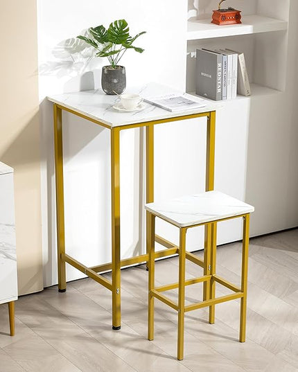 Finnhomy Bar Table, 23.6" Pub Table High Top Table, Square Bar Height Table, Counter Height Cocktail Table, Small Kitchen Table Set for 2, Breakfast for Kitchen, Living Room, White Marble and Gold - LeafyLoom