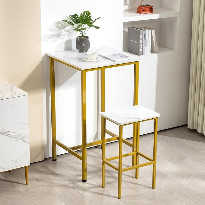 Finnhomy Bar Table, 23.6" Pub Table High Top Table, Square Bar Height Table, Counter Height Cocktail Table, Small Kitchen Table Set for 2, Breakfast for Kitchen, Living Room, White Marble and Gold - LeafyLoom