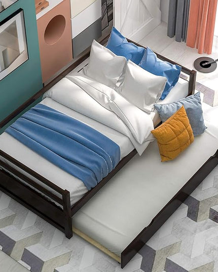 Twin Size Daybed with Hideaway Trundle,Multifunction Solid Wood Bed Frame,W/Wooden Slat Support and Guardrails,No Box Spring Needed,for Bedroom Children Room,Espresso - LeafyLoom