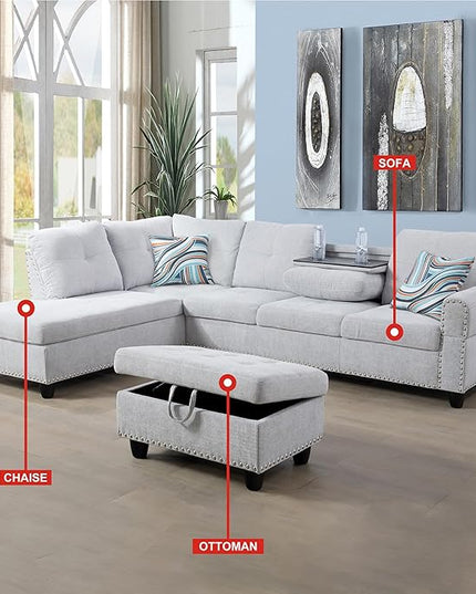 3-Piece L Shape Sectional Sofa with Right Chaise, Storage Ottoman and 2 Cupholders, Modern Flannel Couch w/Button Tufted Backrest, for Living Room, Office, Apartment, Grey White, 97inch - LeafyLoom
