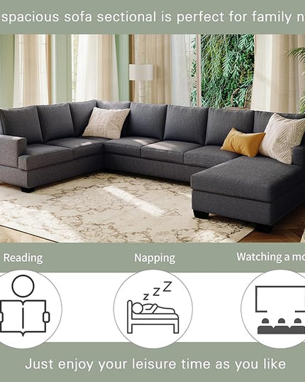 125.6" U Shaped Sofa with Chaise Sectional，Oversized Modular Corner Couch for Living Room Home, Apartment, Furniture Set, 125.6 Inch, Grey - LeafyLoom