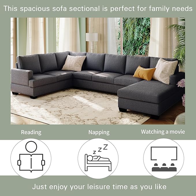125.6" Large U-Shaped Sectional Sofa with Extra Wide Chaise Loung, Modern Oversized Modular Deep Seat Upholstered Couch for Home, Apartment, Living Room Furniture Set, Grey, 125.6 Inch - LeafyLoom