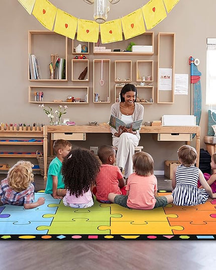 Booooom Jackson Classroom Rug Elementary LargePuzzle Classroom Carpet Seating Rug for School Preshool Kids Colorful Area Rug Educational Rug with Non-Slip Backing(Seats 24),13' x 7'5" - LeafyLoom