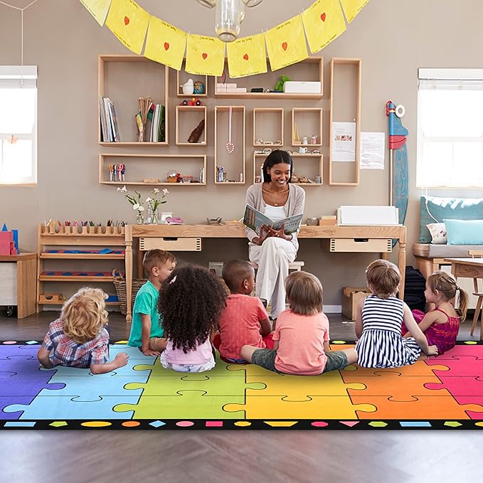Booooom Jackson Classroom Rug Elementary LargePuzzle Classroom Carpet Seating Rug for School Preshool Kids Colorful Area Rug Educational Rug with Non-Slip Backing(Seats 24),13' x 7'5" - LeafyLoom