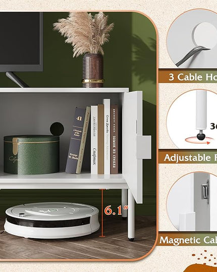 WLIVE Modern TV Stand for 65 Inch TV, Mid Century Entainment Center with Storage, TV Console with Open Shelf and 2 Cabinets for Bedroom and Living Room, TV Cabinet with Metal Legs, White - LeafyLoom