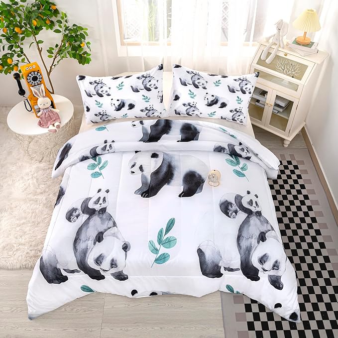 CVHOUSE Panda Bedding Set,Panda Comforter Full,Cute Panda Comforter Set for Girls Kids Teens,Kawaii Panda Quilt Set with 1 Comforter and 2 Pillow Cases- 3 Piece - LeafyLoom