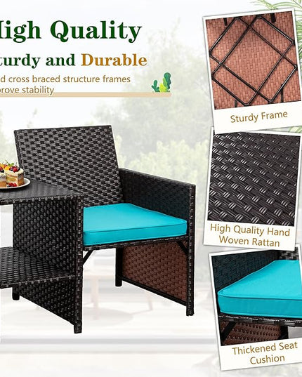 Shintenchi Wicker Patio Conversation Furniture Set with Detachable Chairs & Table and Two Removable Cushions,Rattan Wicker Lover Chair for Patio,Garden, Courtyard and Lawn Backyard (Blue) - LeafyLoom